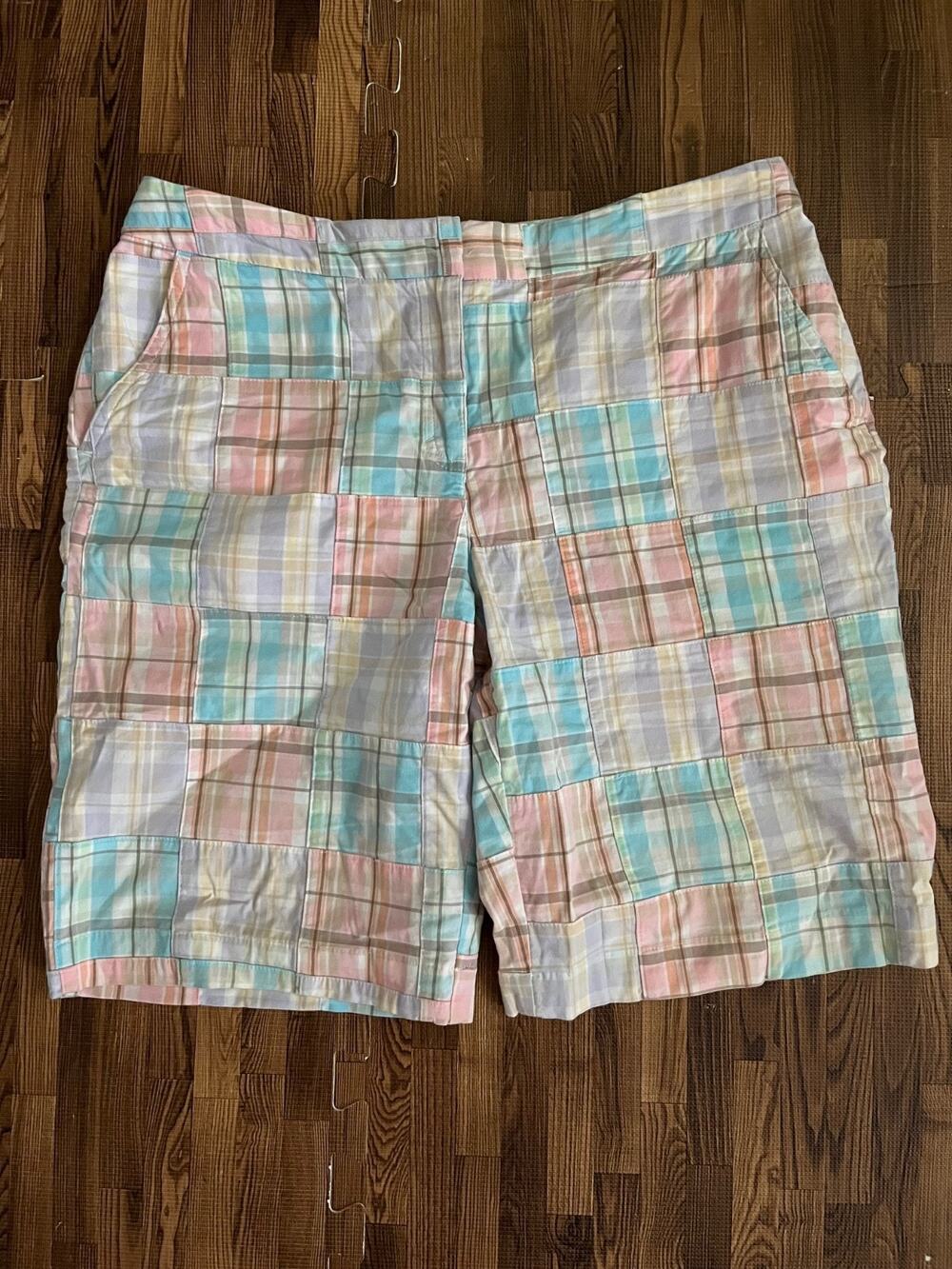 Izod Women's Stretch Golf Pastel Plaid Patchwork Shorts Size 6 Preppy Casual
